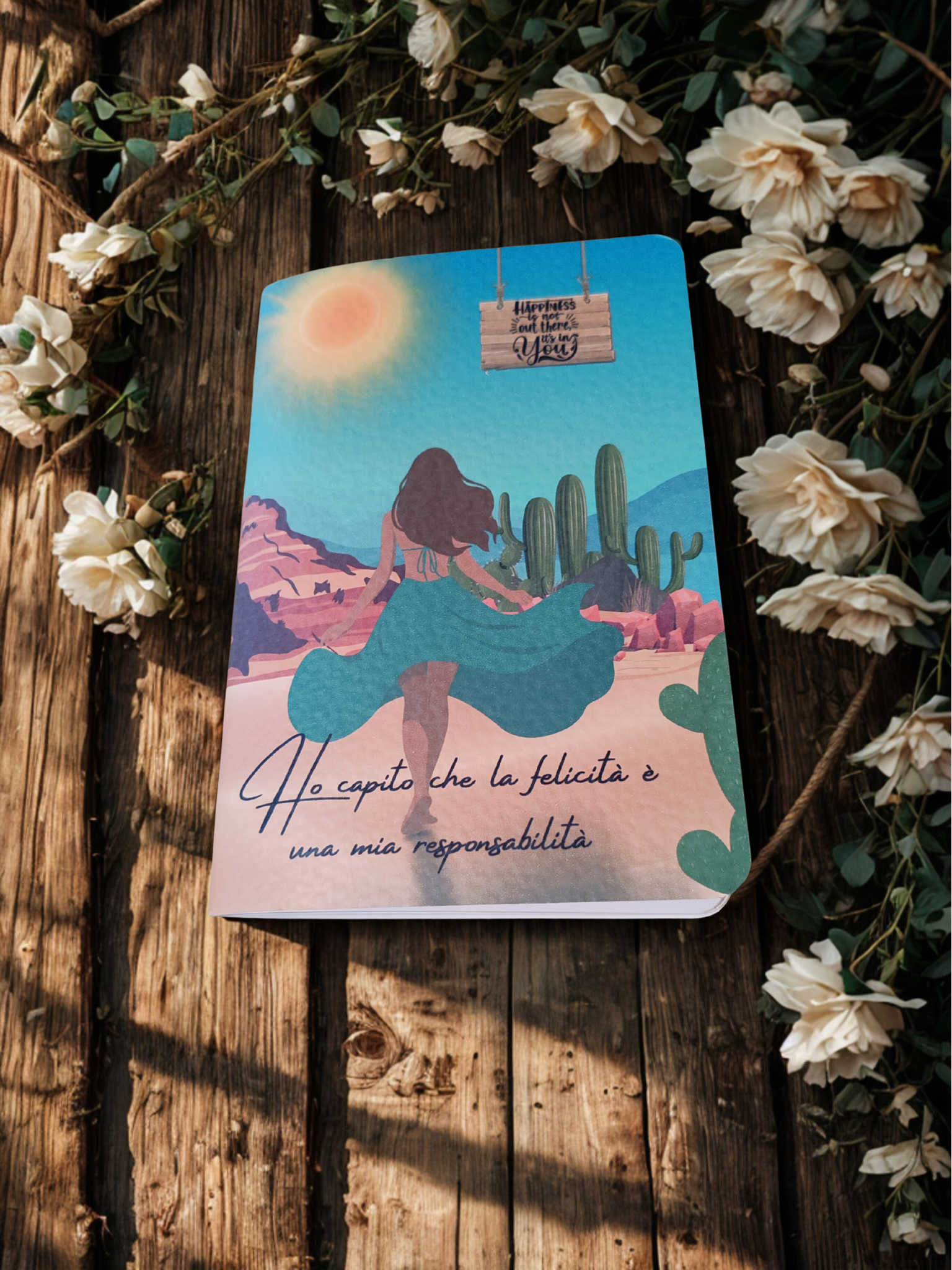 Quaderno artigianale illustrato personalizzabile “Il mio viaggio verso la felicità” – Journal motivazionale fatto a mano